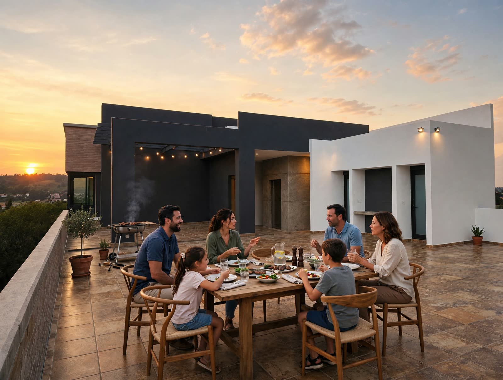 Familia e invitados compartiendo una comida en la terraza al atardecer