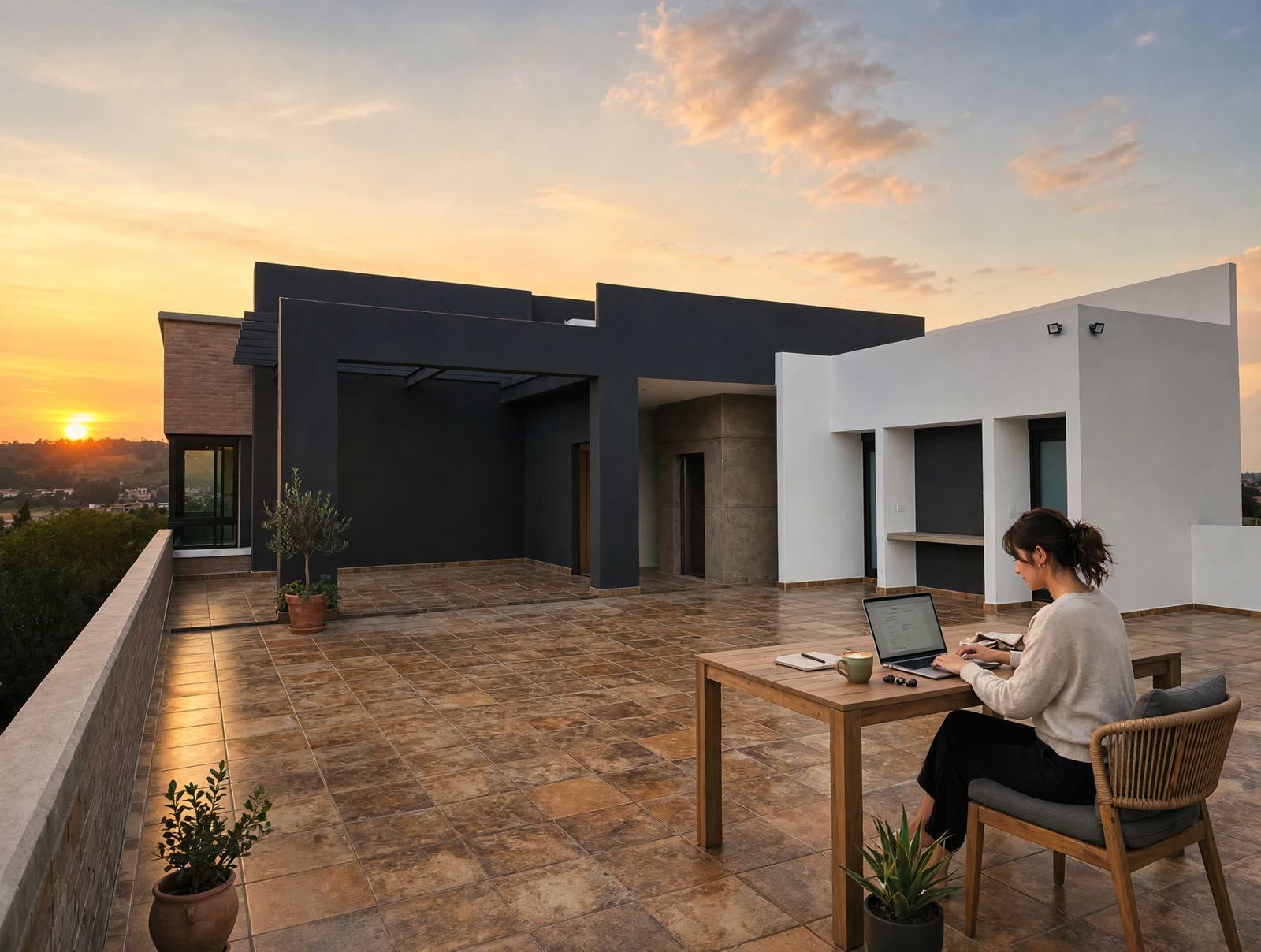 Persona joven trabajando con su laptop en la terraza al atardecer