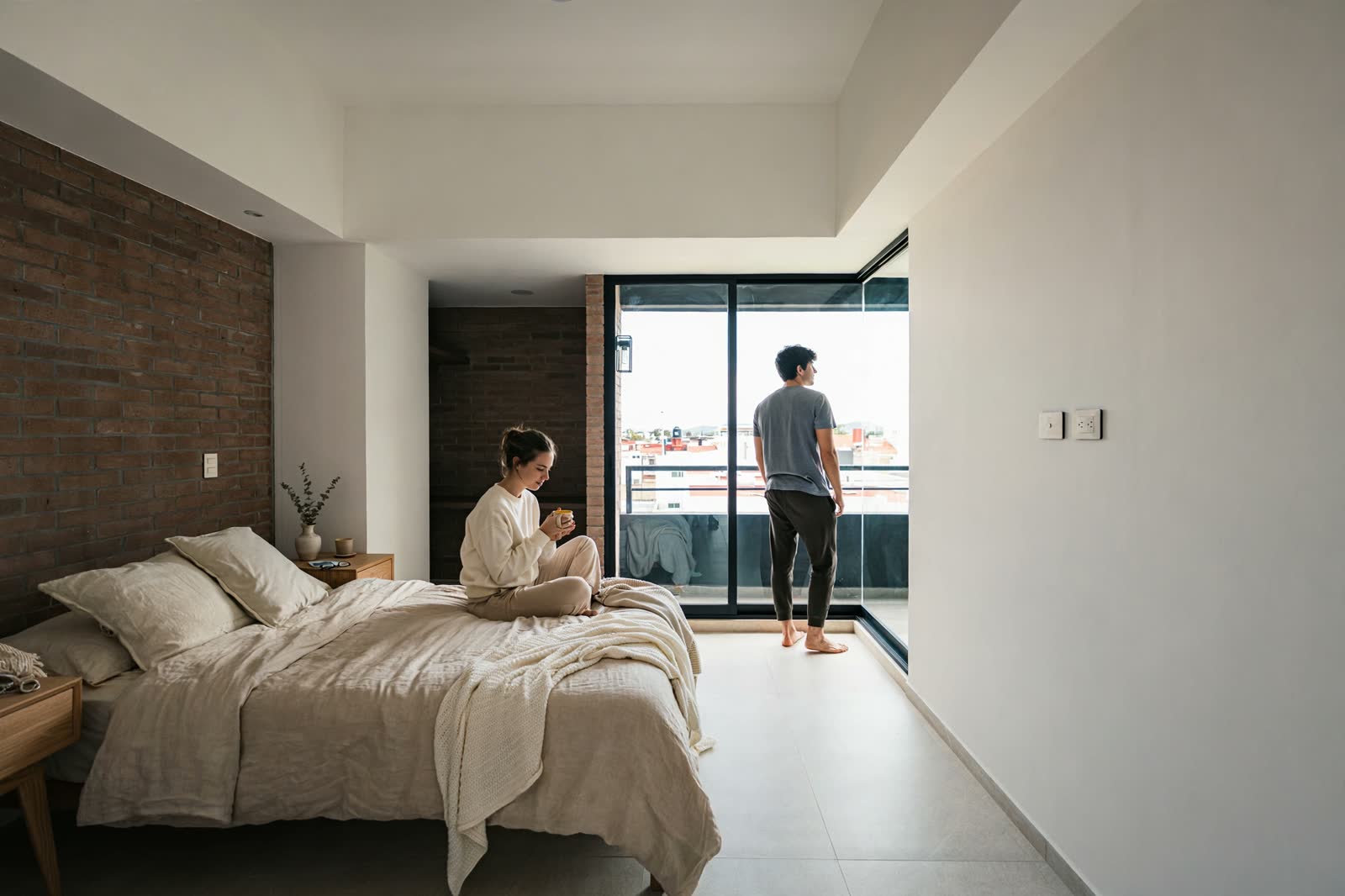 Pareja joven disfrutando una mañana tranquila en la recámara principal
