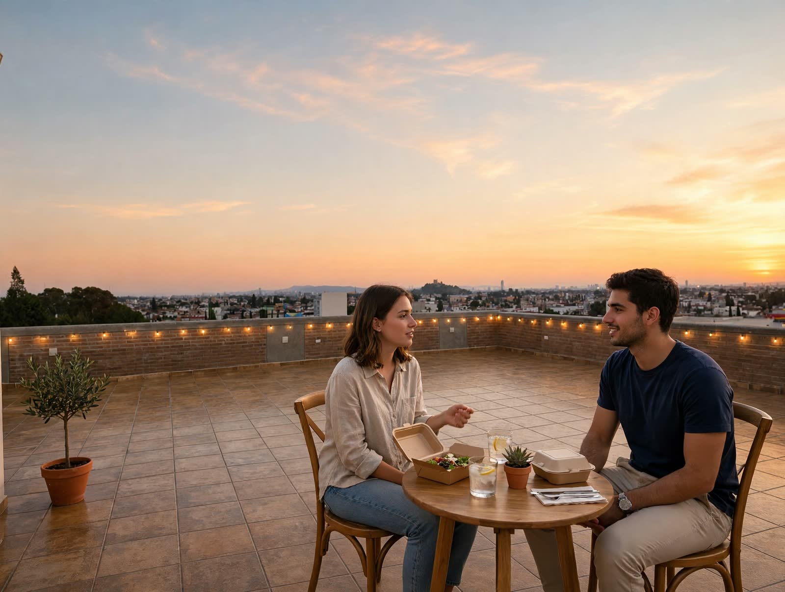 Pareja compartiendo una comida en la terraza al atardecer